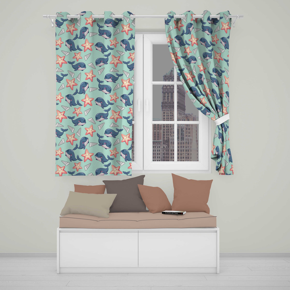 Cute Kawaii Whale Starfish Seashell Ocean Animals Mint Background Pattern Readymade Eyelet Ring Top Thermal 100% Blackout Curtains