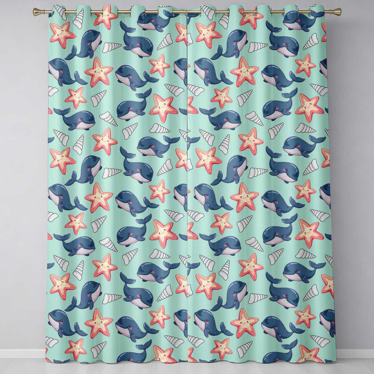 Cute Kawaii Whale Starfish Seashell Ocean Animals Mint Background Pattern Readymade Eyelet Ring Top Thermal 100% Blackout Curtains