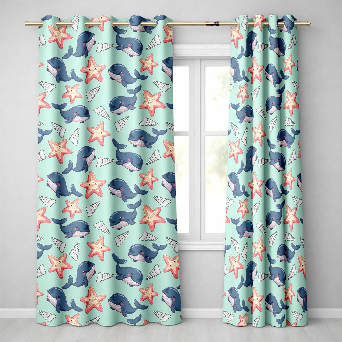 Cute Kawaii Whale Starfish Seashell Ocean Animals Mint Background Pattern Readymade Eyelet Ring Top Thermal 100% Blackout Curtains