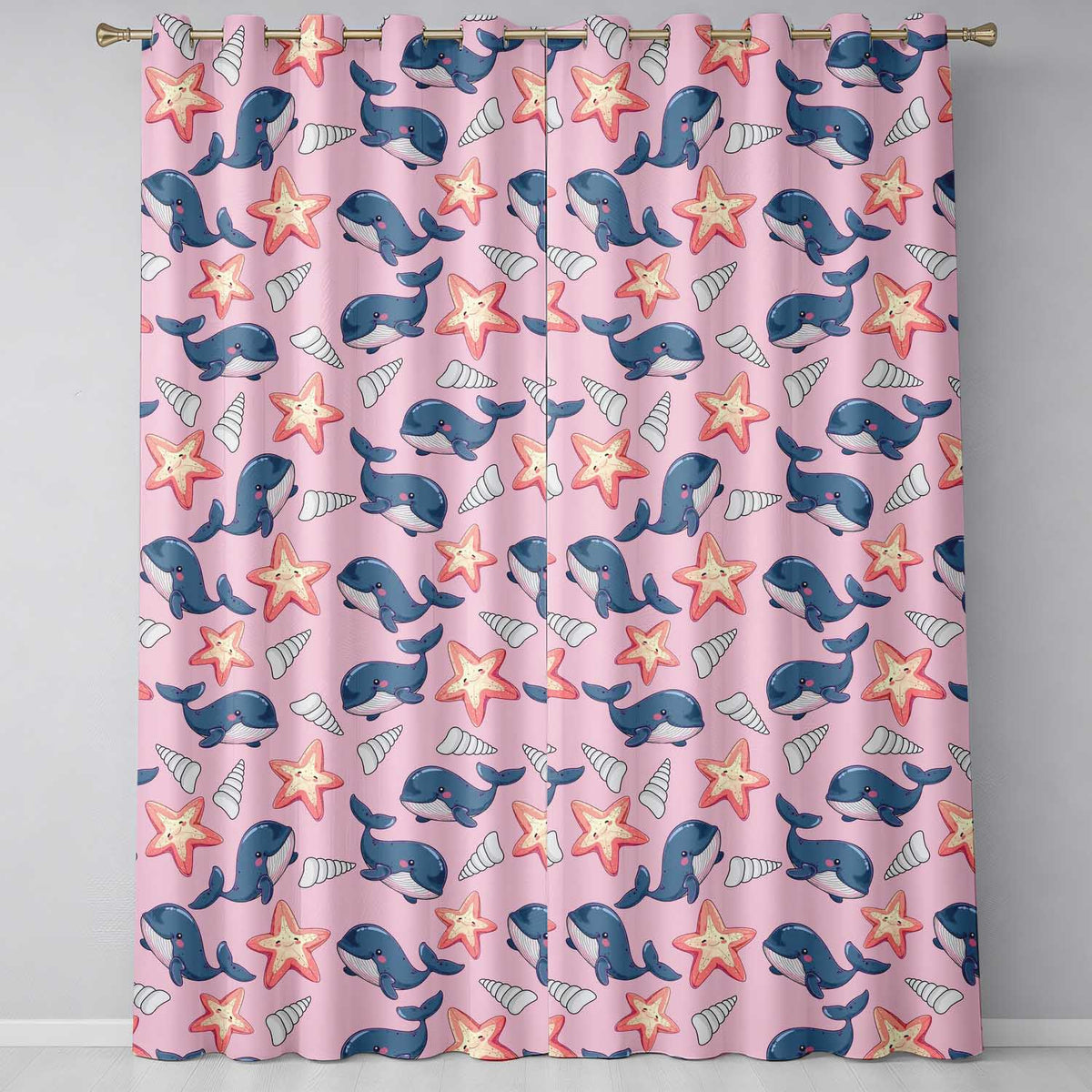 Cute Kawaii Whale Starfish Seashell Ocean Animals Rose Background Pattern Readymade Eyelet Ring Top Thermal 100% Blackout Curtains
