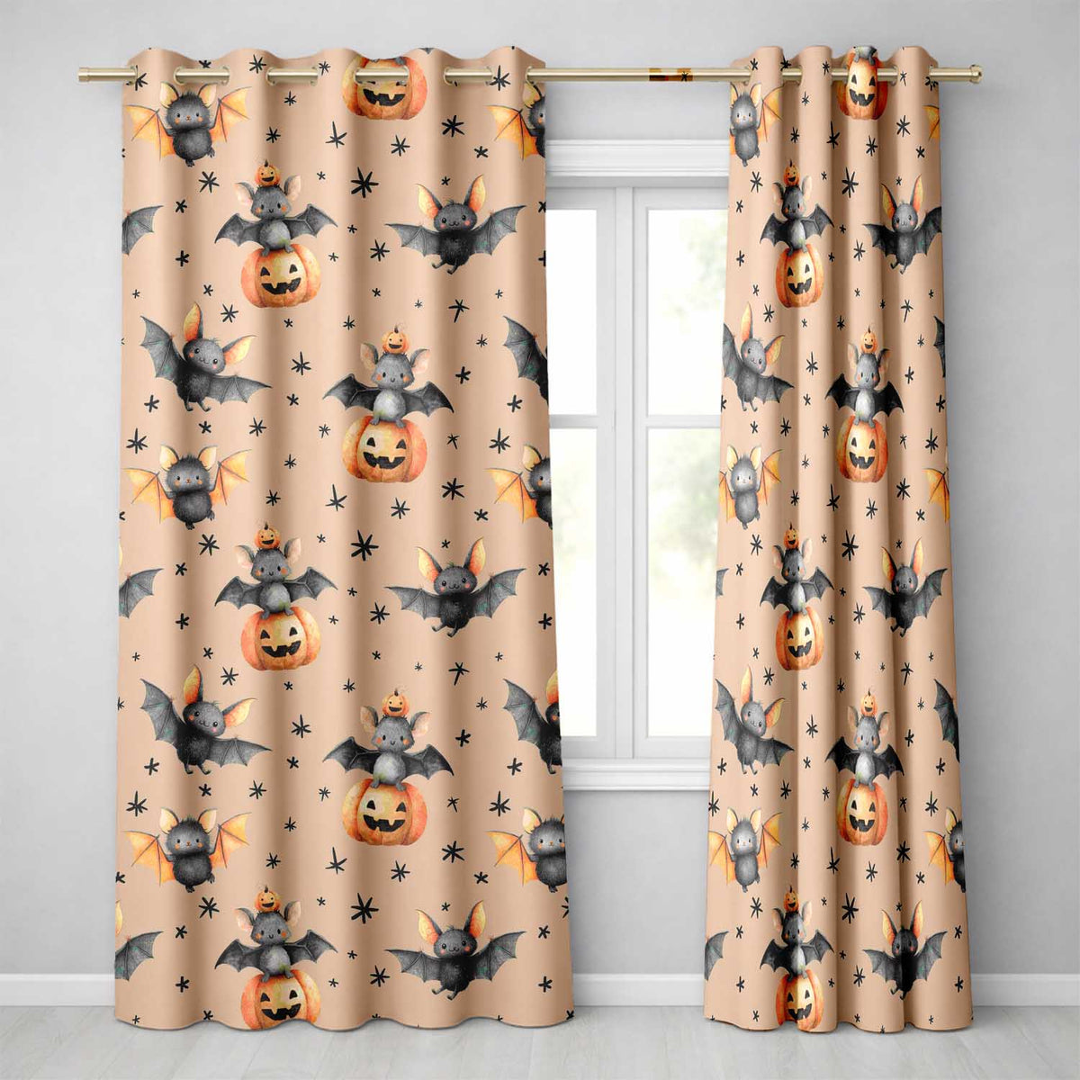 Cute Halloween Bats Sitting on Pumpkins with Stars Beige Background Pattern Readymade Eyelet Ring Top Thermal 100% Blackout Curtains