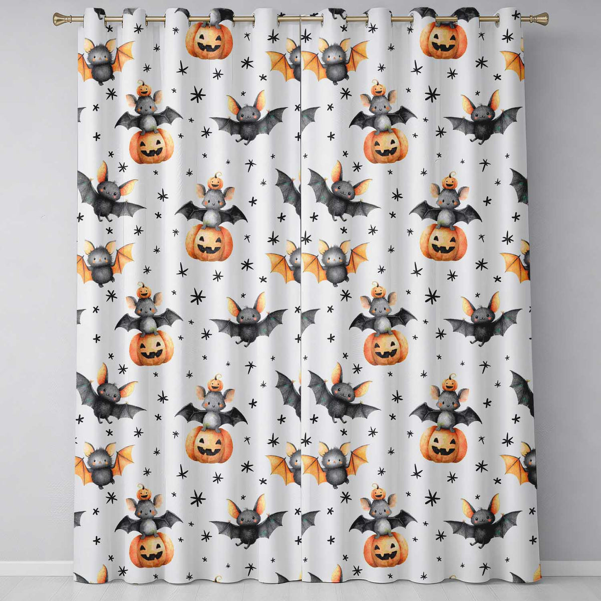 Cute Halloween Bats Sitting on Pumpkins with Stars Beige Background Pattern Readymade Eyelet Ring Top Thermal 100% Blackout Curtains