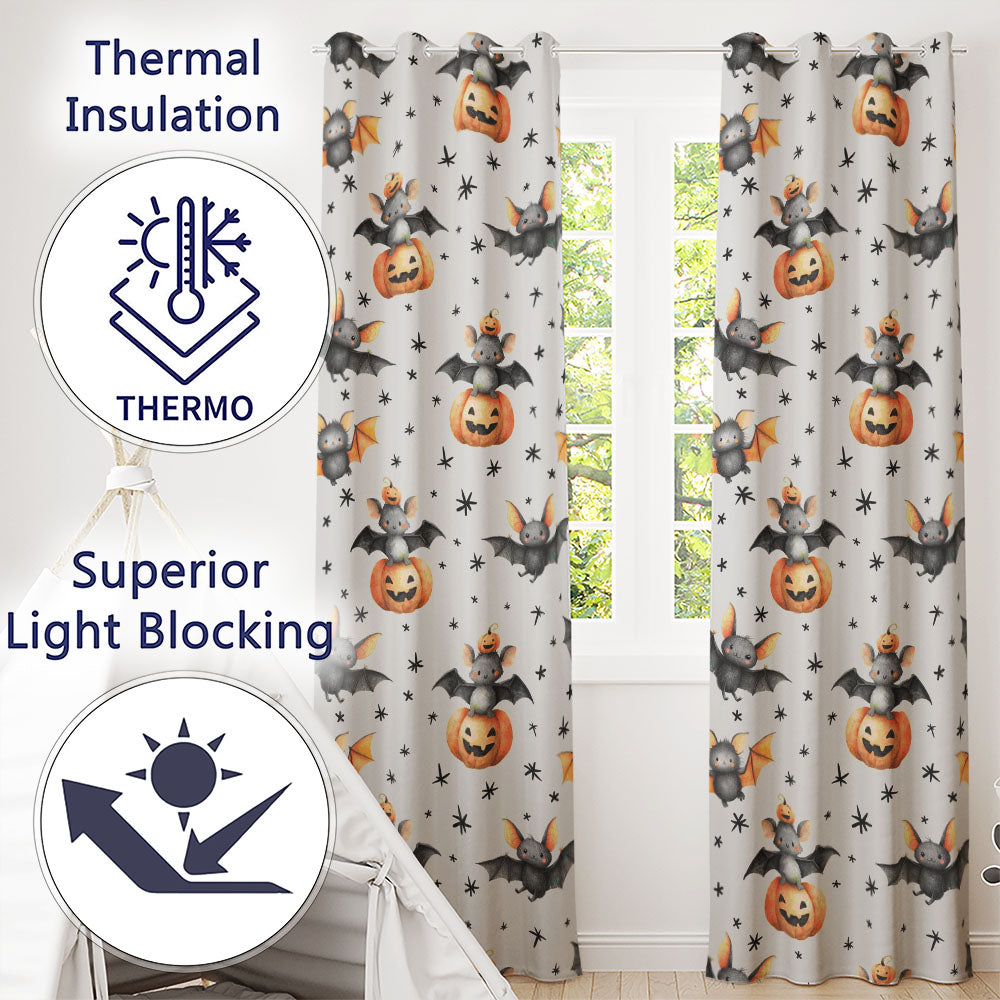 Cute Halloween Bats Sitting on Pumpkins with Stars Beige Background Pattern Readymade Eyelet Ring Top Thermal 100% Blackout Curtains