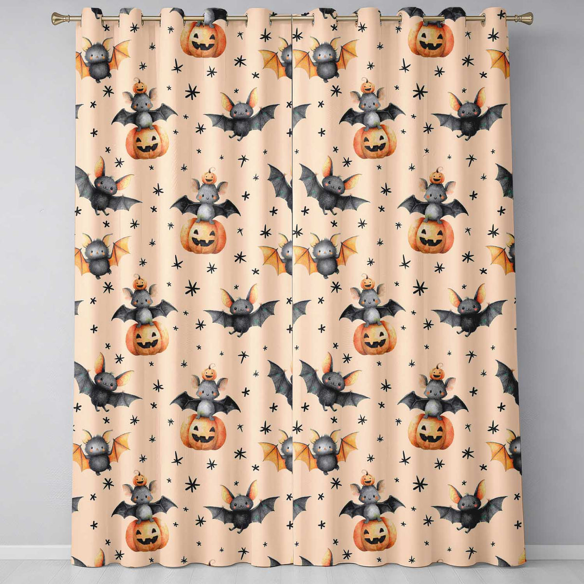 Cute Halloween Bats Sitting on Pumpkins with Stars Light Peach Background Pattern Readymade Eyelet Ring Top Thermal 100% Blackout Curtains