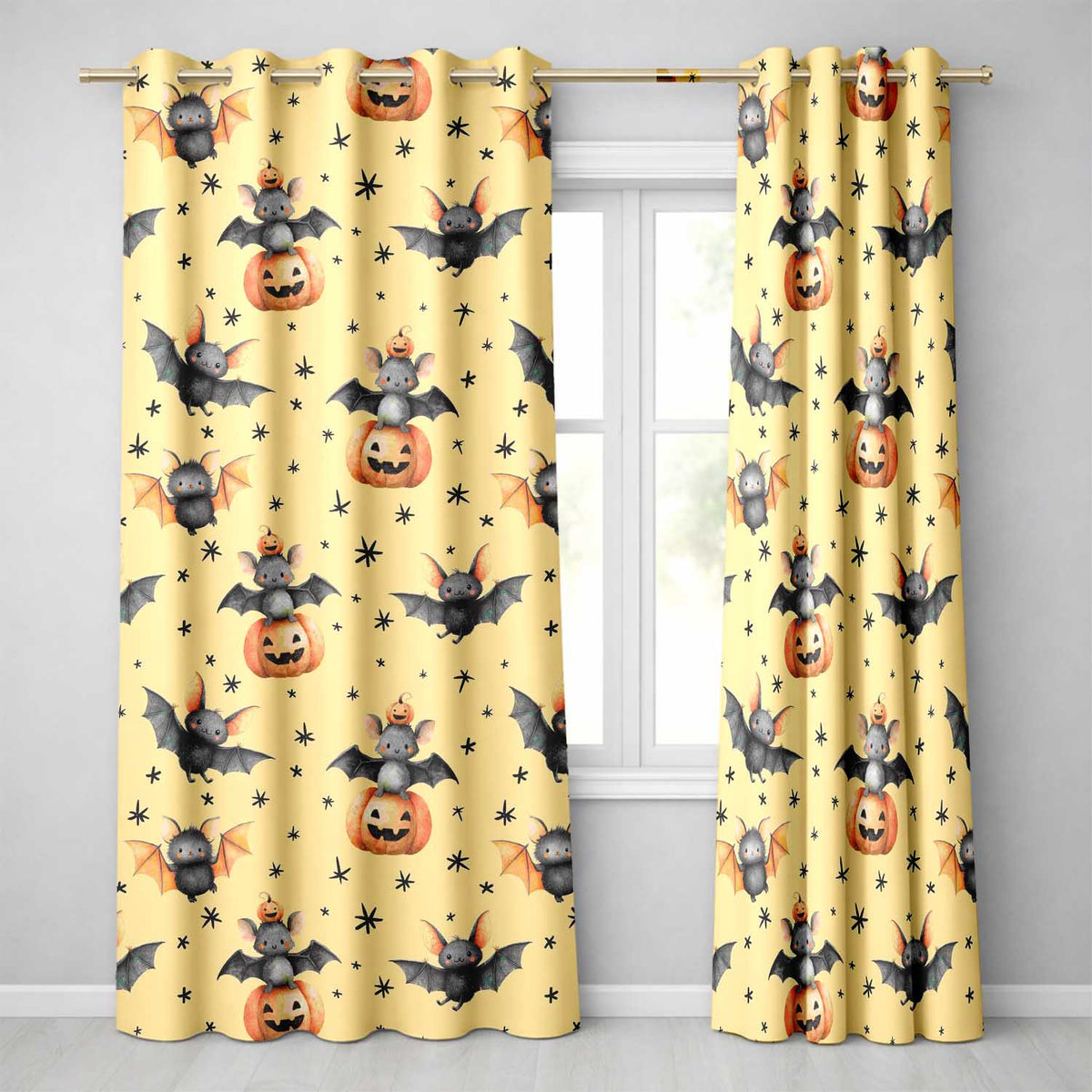 Cute Halloween Bats Sitting on Pumpkins with Stars Yellow Background Pattern Readymade Eyelet Ring Top Thermal 100% Blackout Curtains