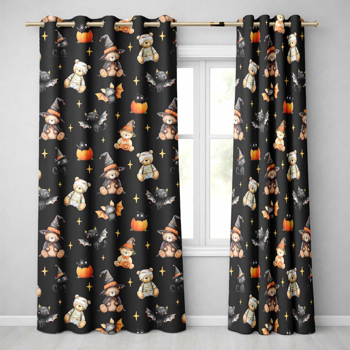 Cute Halloween Teddy Bears Mummy Witch Cat Pumpkin Stars Black Background Readymade Eyelet Ring Top Thermal 100% Blackout Curtains