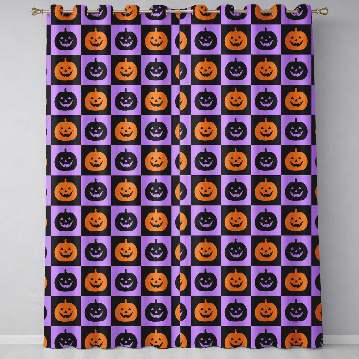 Black Orange Pumpkin Checkerboard Halloween Seamless Pattern UK Readymade Eyelet Ring Top Thermal 100% Blackout Curtains