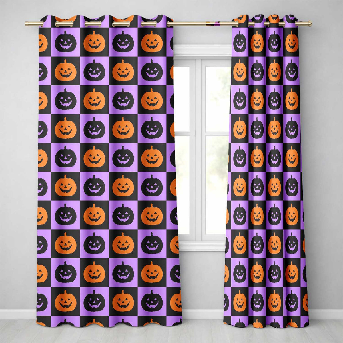 Black Orange Pumpkin Checkerboard Halloween Seamless Pattern UK Readymade Eyelet Ring Top Thermal 100% Blackout Curtains