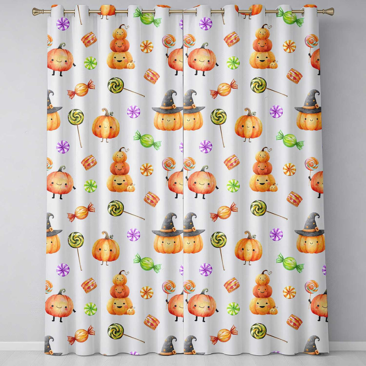 Cute Candy Pumpkin Characters Sweet Halloween Seamless Pattern UK Readymade Eyelet Ring Top Thermal 100% Blackout Curtains