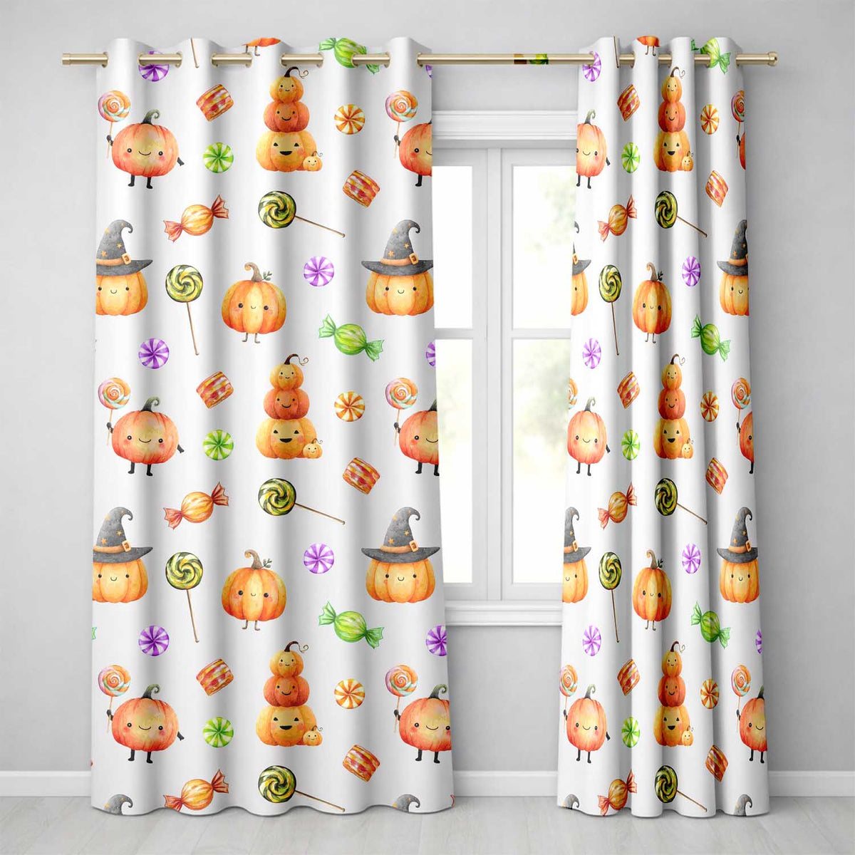 Cute Candy Pumpkin Characters Sweet Halloween Seamless Pattern UK Readymade Eyelet Ring Top Thermal 100% Blackout Curtains