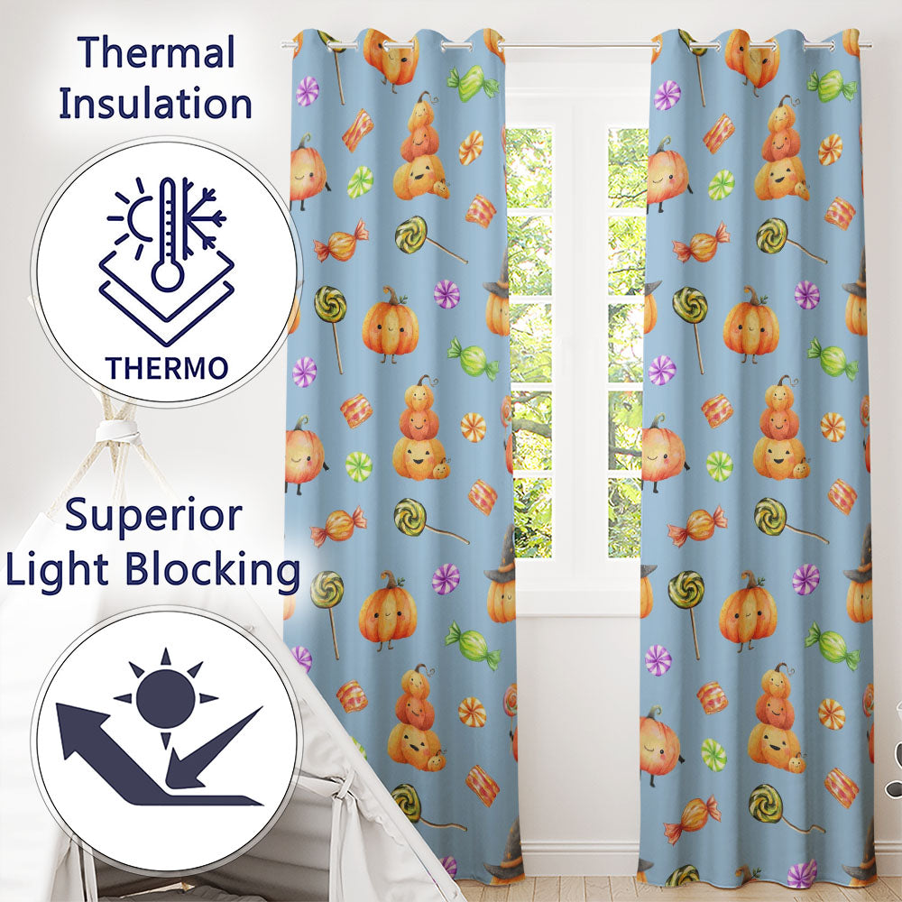 Cute Halloween Pumpkin Candy Characters Blue Background Seamless Pattern Readymade Eyelet Ring Top Thermal 100% Blackout Curtains