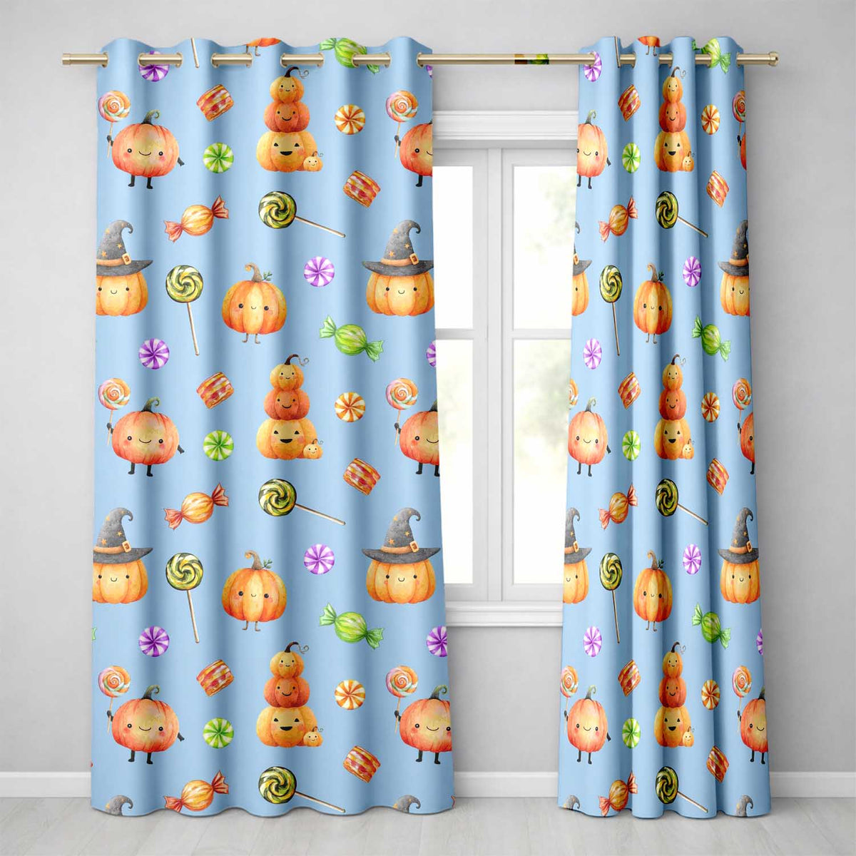 Cute Halloween Pumpkin Candy Characters Blue Background Seamless Pattern Readymade Eyelet Ring Top Thermal 100% Blackout Curtains