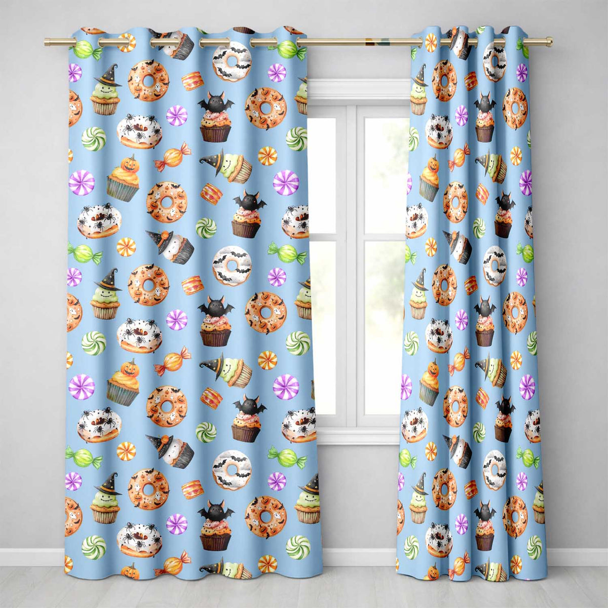 Cute Halloween Spooky Donut Cupcakes Treat Sky Blue Background Seamless Pattern Readymade Eyelet Ring Top Thermal 100% Blackout Curtains