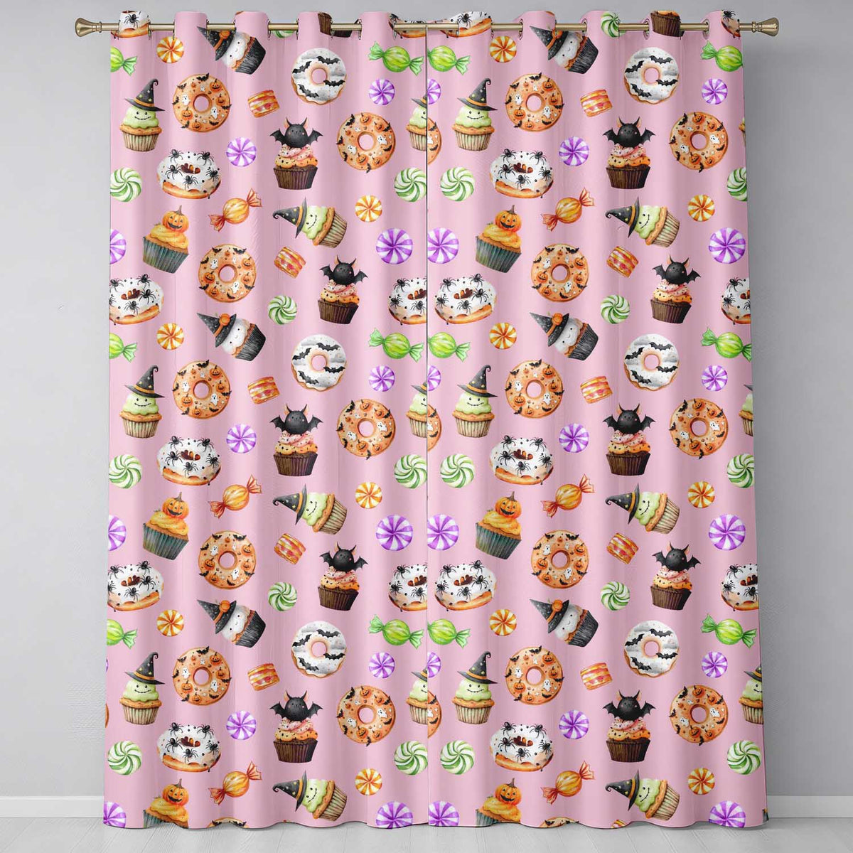 Cute Halloween Donuts Sweet Spooky Treats Pink Background Seamless Pattern Readymade Eyelet Ring Top Thermal 100% Blackout Curtains
