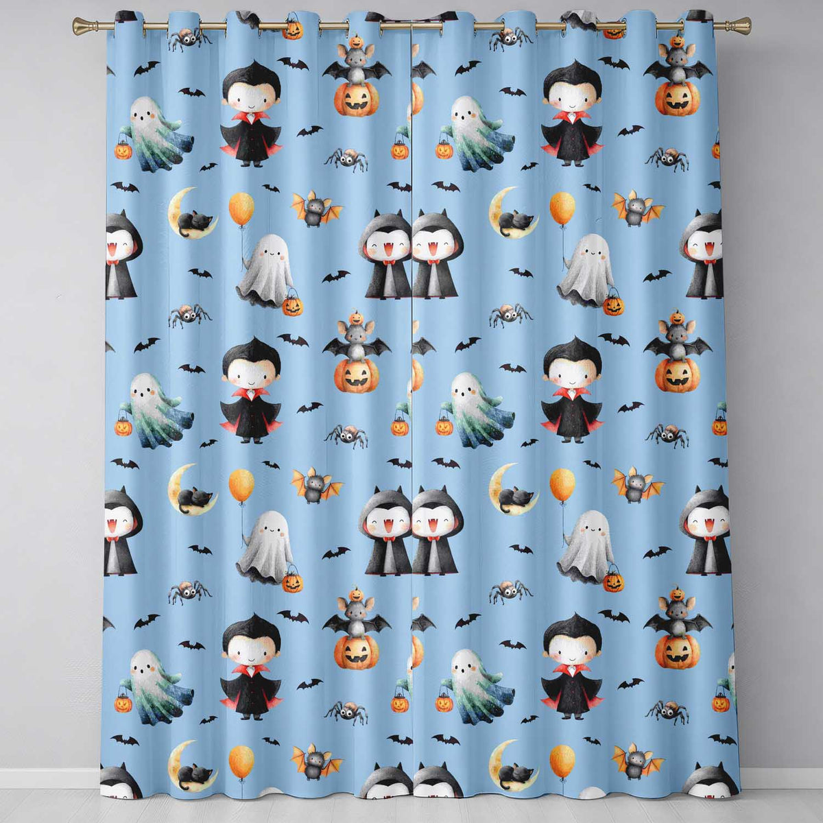 Cute Halloween Vampire Ghost Bats Spooky Blue Background Seamless Pattern Readymade Eyelet Ring Top Thermal 100% Blackout Curtains