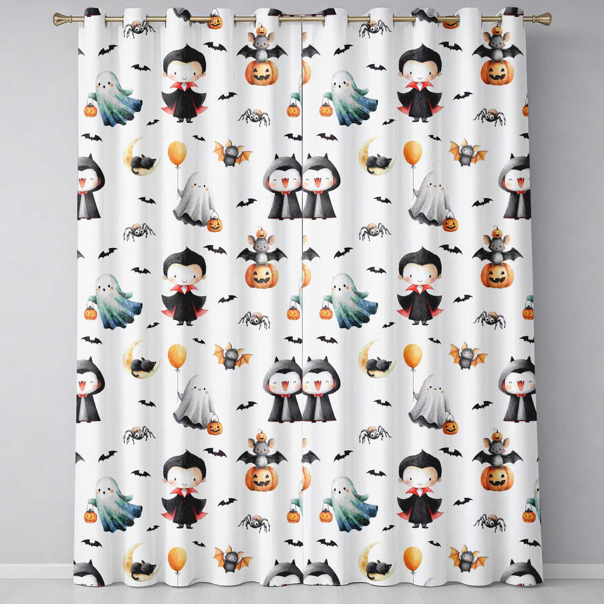 Cute Halloween Vampire Ghost Bats Spooky Cream Background Seamless Pattern Readymade Eyelet Ring Top Thermal 100% Blackout Curtains