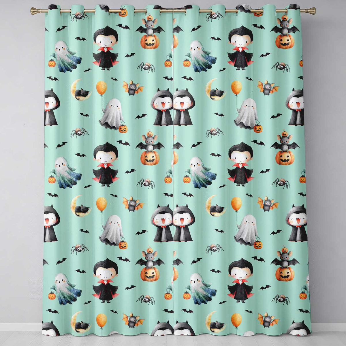 Halloween Vampire Ghost Bats Spooky Characters Mint Green Seamless Pattern Readymade Eyelet Ring Top Thermal 100% Blackout Curtains