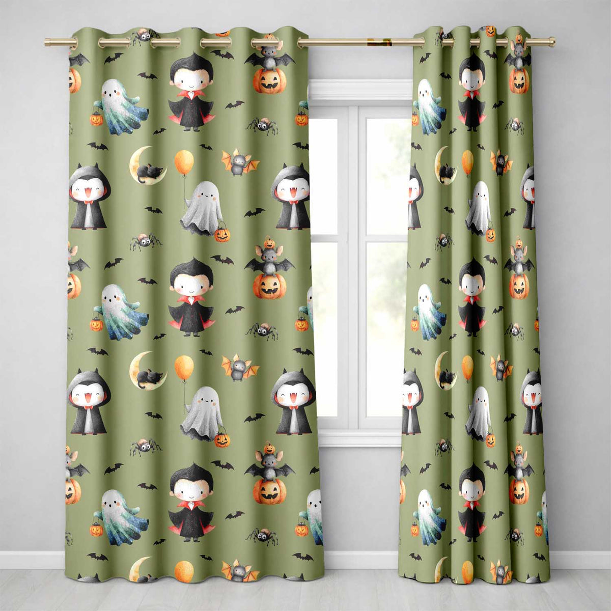 Halloween Vampire Ghost Bats Spooky Characters Olive Green Seamless Pattern Readymade Eyelet Ring Top Thermal 100% Blackout Curtains