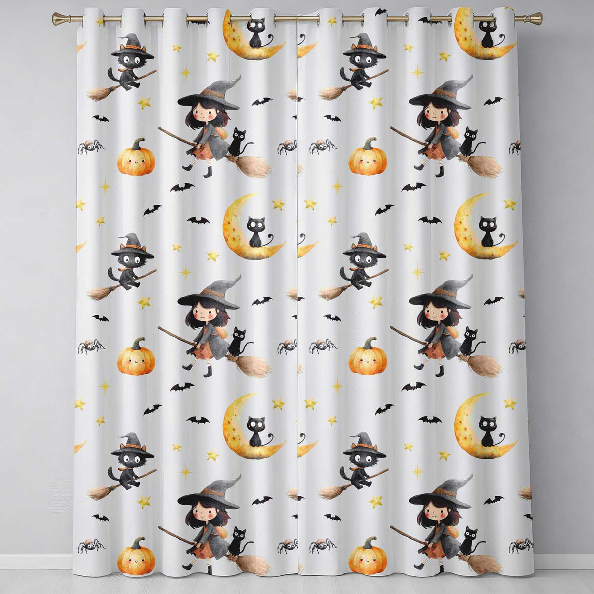 Halloween Witch Cats Moon Stars Spooky Night Neutral Seamless Pattern Readymade Eyelet Ring Top Thermal 100% Blackout Curtains