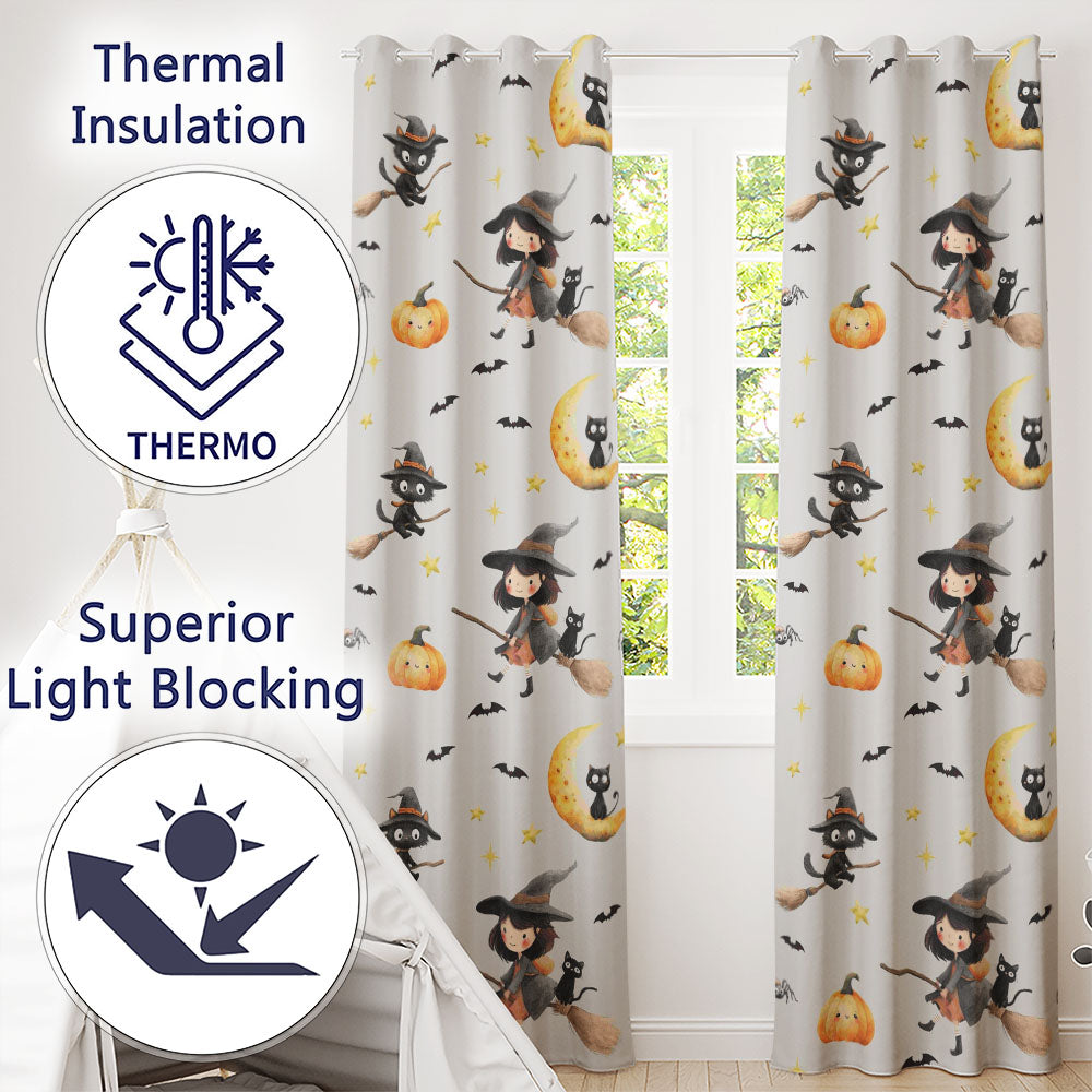 Halloween Witch Cats Moon Stars Spooky Night Neutral Seamless Pattern Readymade Eyelet Ring Top Thermal 100% Blackout Curtains