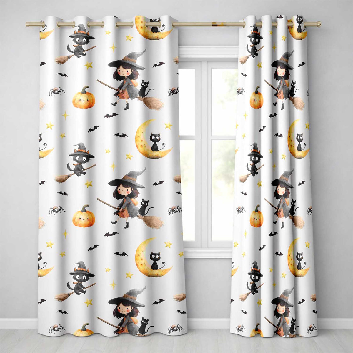 Halloween Witch Cats Moon Stars Spooky Night Neutral Seamless Pattern Readymade Eyelet Ring Top Thermal 100% Blackout Curtains