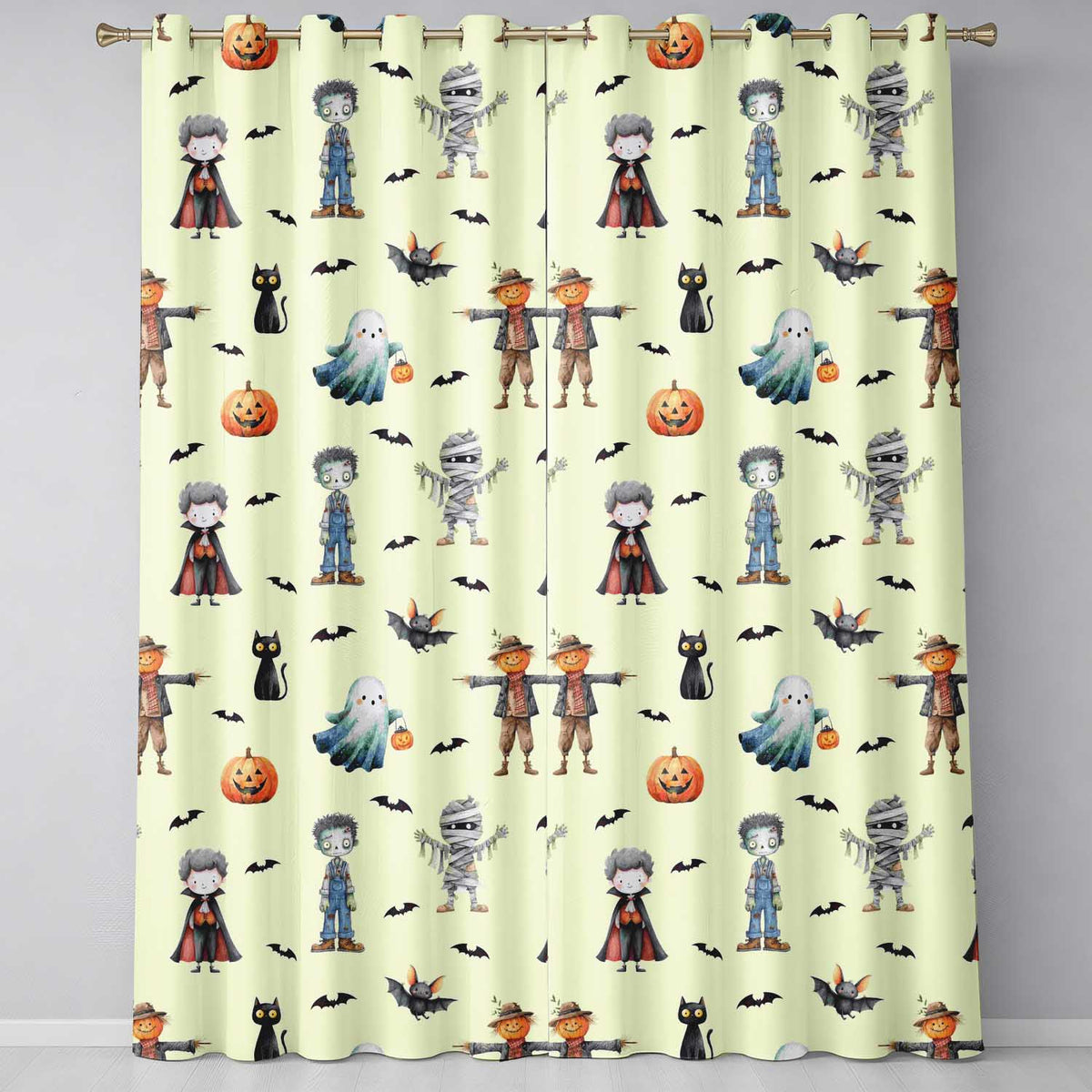 Halloween Zombie Mummy Vampire Bat Spooky Cream Seamless Pattern Readymade Eyelet Ring Top Thermal 100% Blackout Curtains