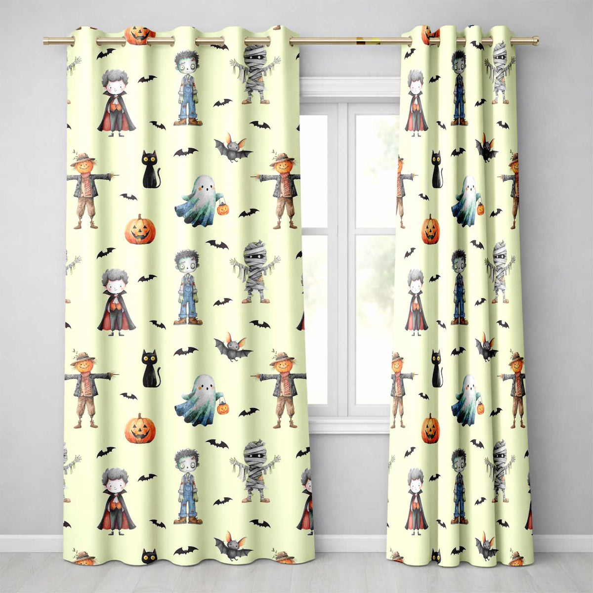 Halloween Zombie Mummy Vampire Bat Spooky Cream Seamless Pattern Readymade Eyelet Ring Top Thermal 100% Blackout Curtains