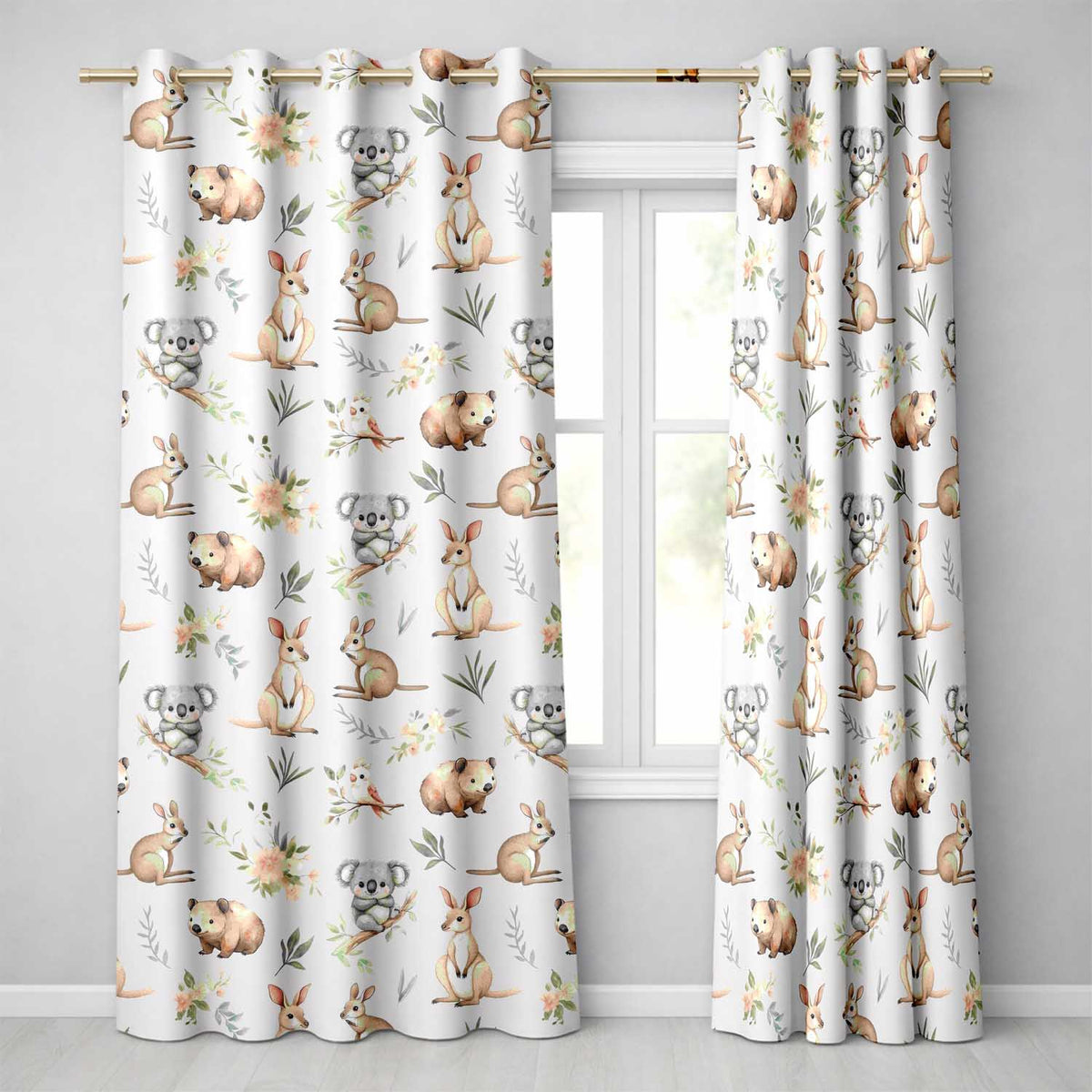 Woodland Animals Koala Kangaroo Bear Floral Dusty Grey Seamless Pattern Readymade Eyelet Ring Top Thermal 100% Blackout Curtains