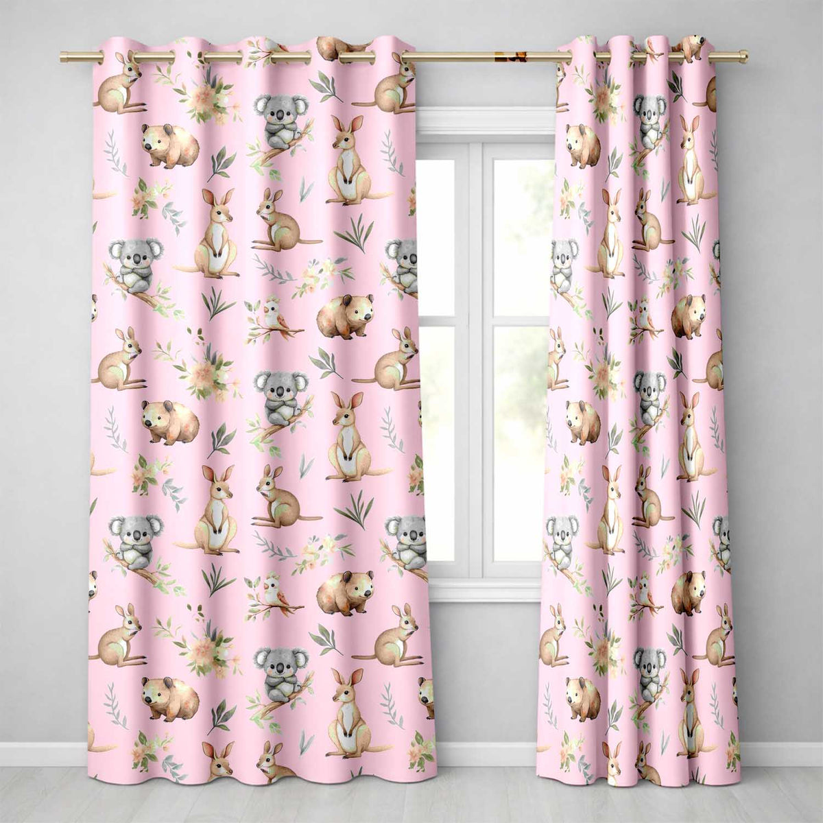 Woodland Animals Koala Kangaroo Bear Floral Blush Pink Seamless Pattern Readymade Eyelet Ring Top Thermal 100% Blackout Curtains