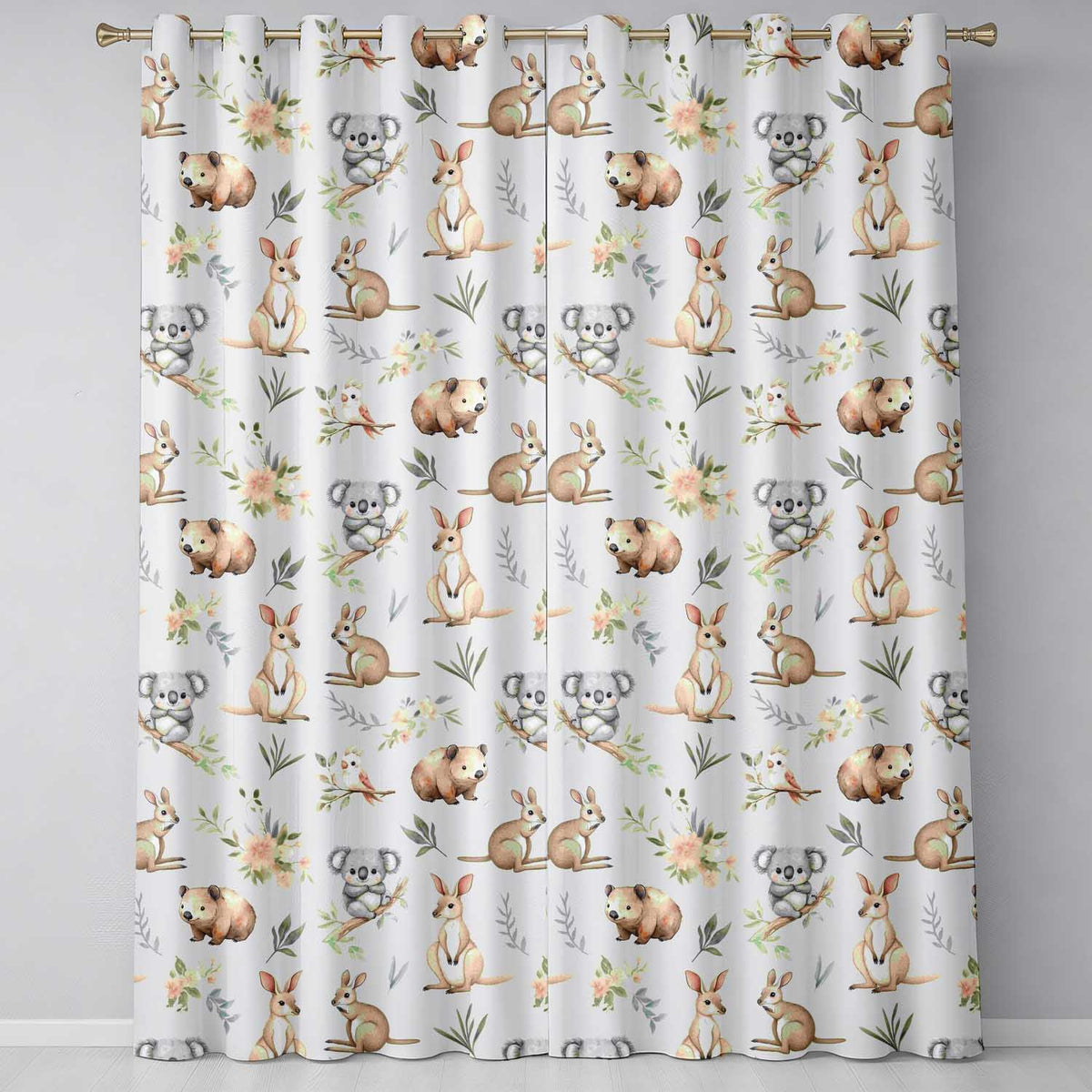 Woodland Animals Koala Kangaroo Bear Floral Mint Green Seamless Pattern Readymade Eyelet Ring Top Thermal 100% Blackout Curtains