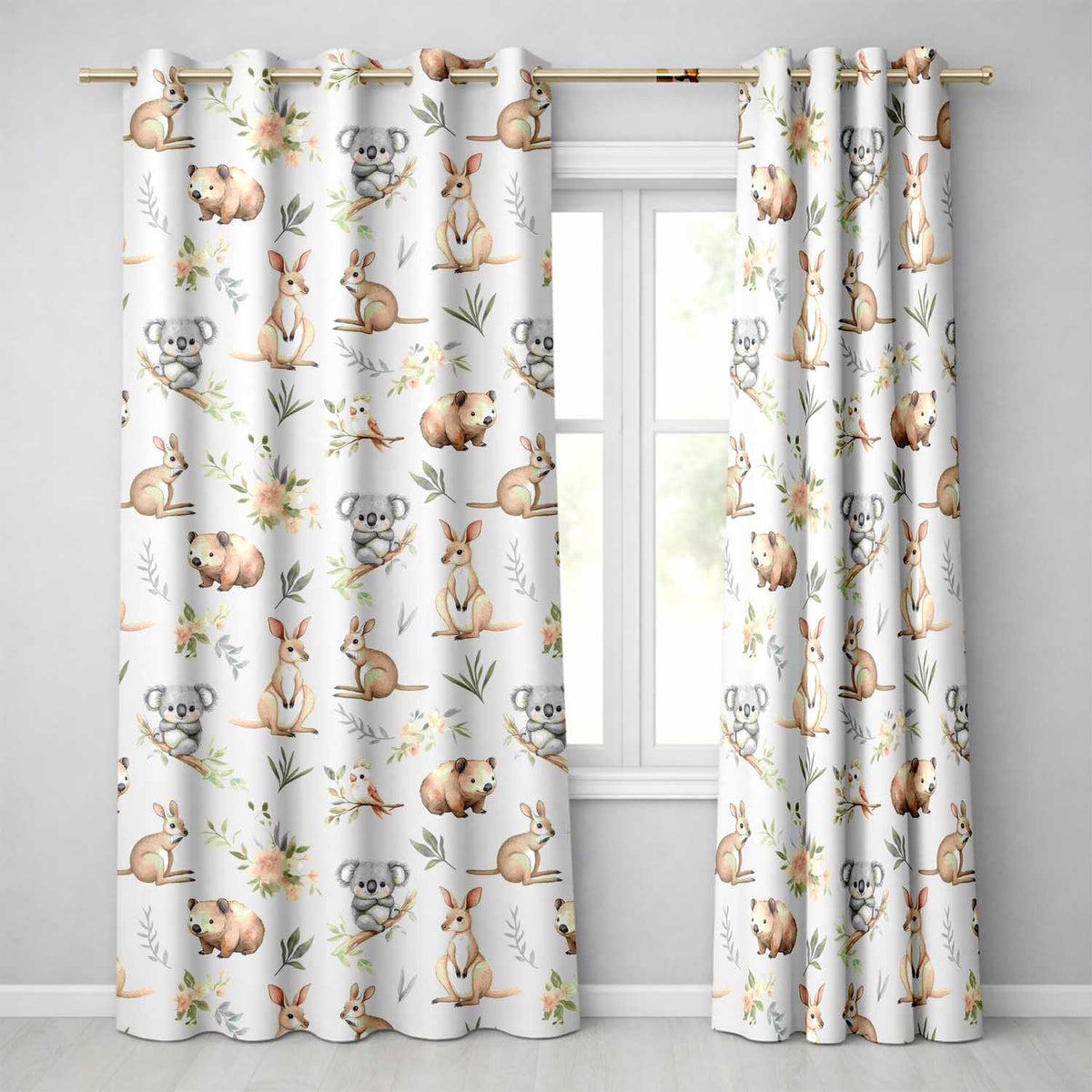 Woodland Animals Koala Kangaroo Bear Floral Mint Green Seamless Pattern Readymade Eyelet Ring Top Thermal 100% Blackout Curtains