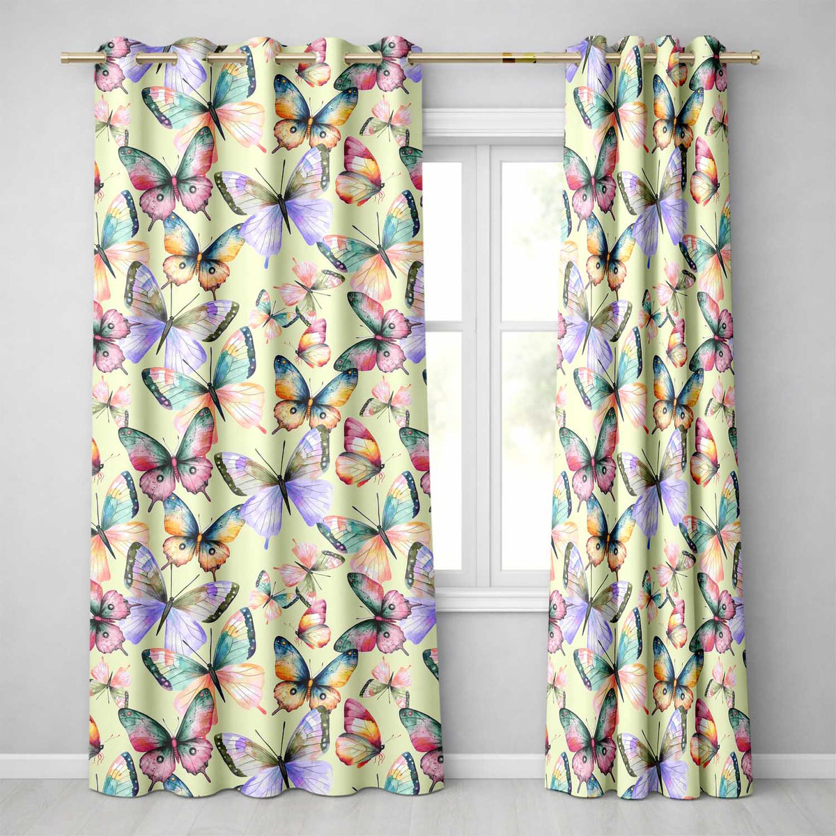 Colorful Watercolor Butterflies on Cream Background Seamless Pattern Readymade Eyelet Ring Top Thermal 100% Blackout Curtains