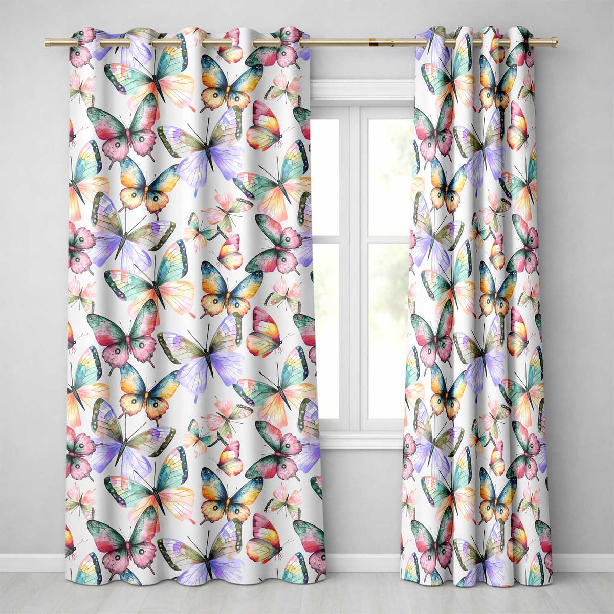 Colorful Watercolor Butterflies on Grey Background Seamless Pattern Readymade Eyelet Ring Top Thermal 100% Blackout Curtains