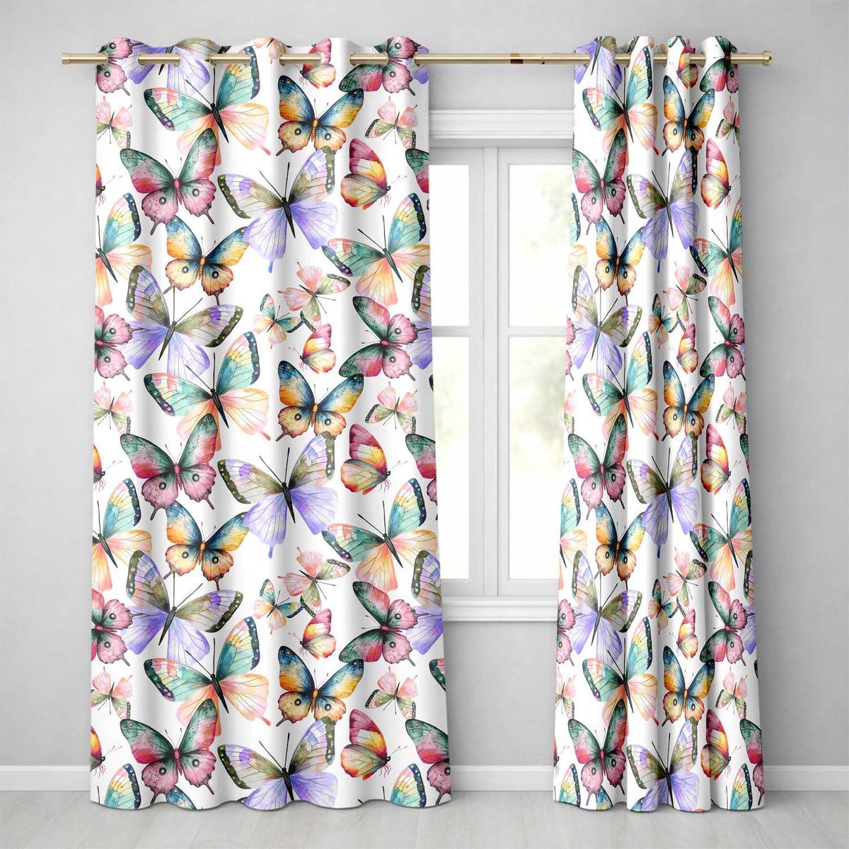 Colorful Watercolor Butterflies on White Background Seamless Pattern Readymade Eyelet Ring Top Thermal 100% Blackout Curtains