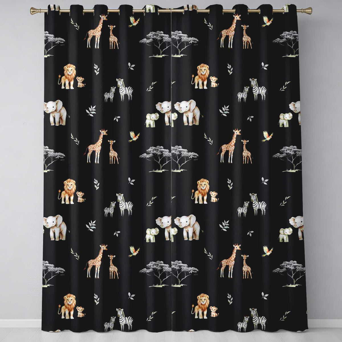 Cute Safari Animals Giraffe Lion Zebra on Black Background Seamless Pattern Readymade Eyelet Ring Top Thermal 100% Blackout Curtains