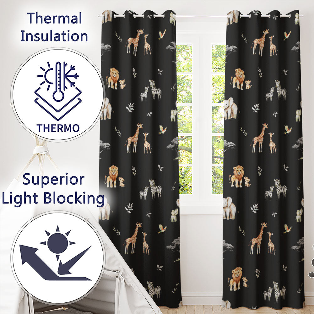Cute Safari Animals Giraffe Lion Zebra on Black Background Seamless Pattern Readymade Eyelet Ring Top Thermal 100% Blackout Curtains