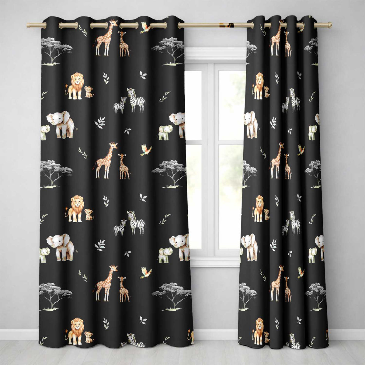 Cute Safari Animals Giraffe Lion Zebra on Black Background Seamless Pattern Readymade Eyelet Ring Top Thermal 100% Blackout Curtains