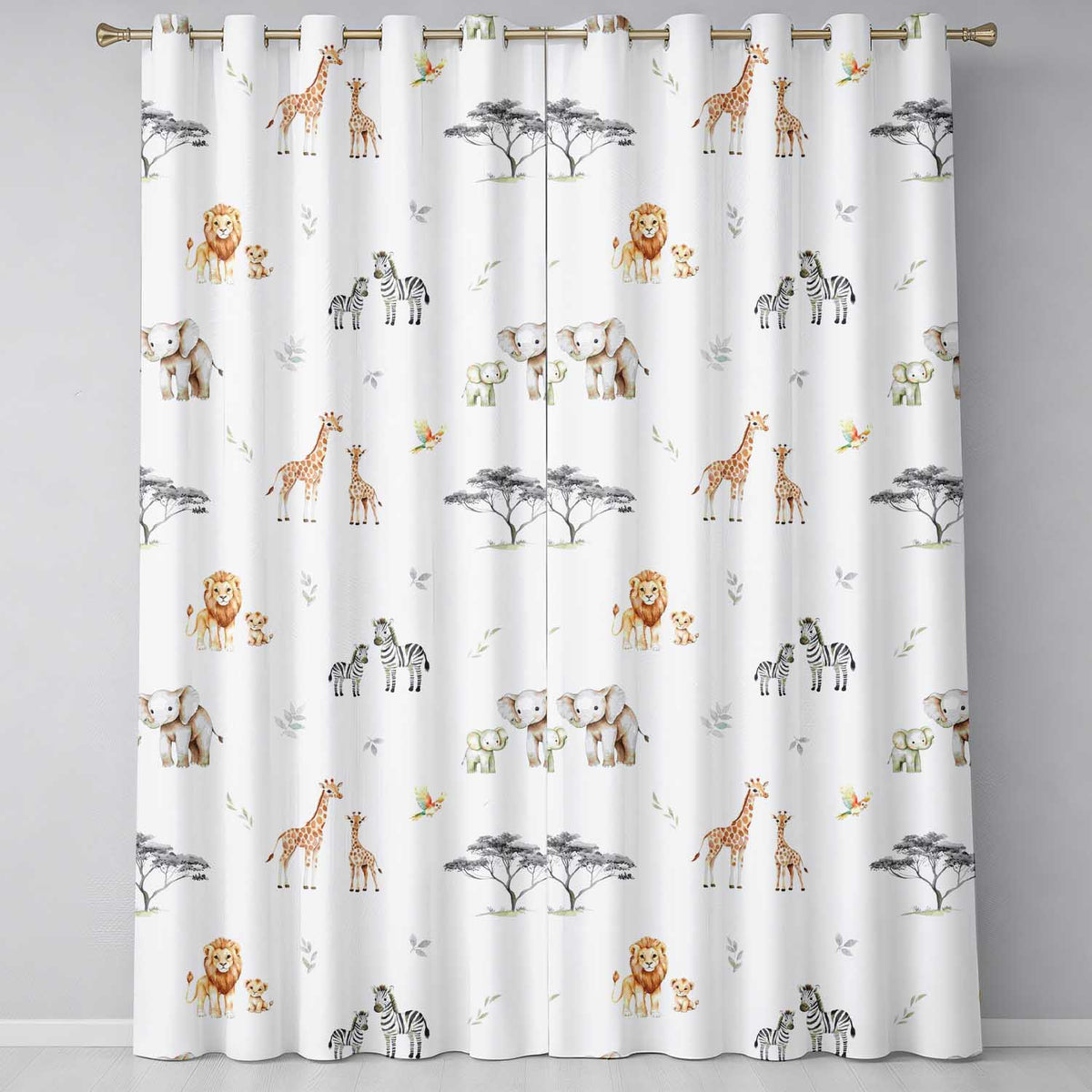 Safari Animals Giraffe Lion Zebra on Light Grey Seamless Pattern Readymade Eyelet Ring Top Thermal 100% Blackout Curtains