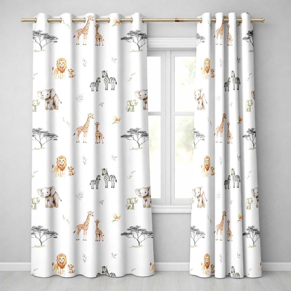 Safari Animals Giraffe Lion Zebra on Light Grey Seamless Pattern Readymade Eyelet Ring Top Thermal 100% Blackout Curtains