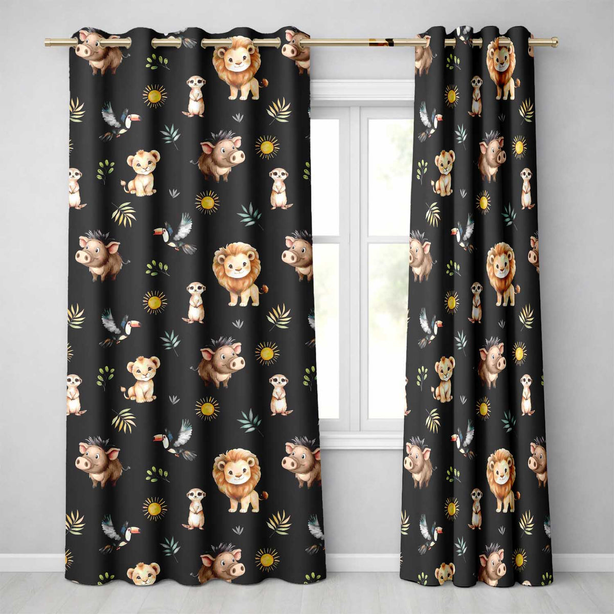 Jungle Animals Lion Meerkat Toucan Boar on Black Seamless Pattern Readymade Eyelet Ring Top Thermal 100% Blackout Curtains