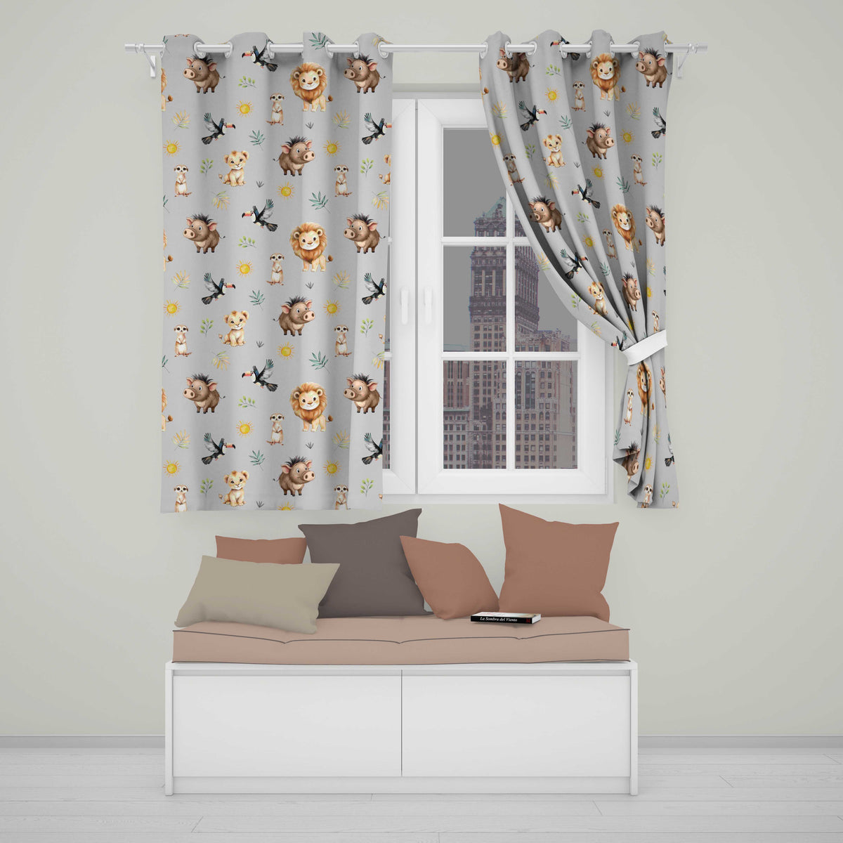 Jungle Animals Lion Meerkat Toucan Boar on Grey Seamless Pattern Readymade Eyelet Ring Top Thermal 100% Blackout Curtains