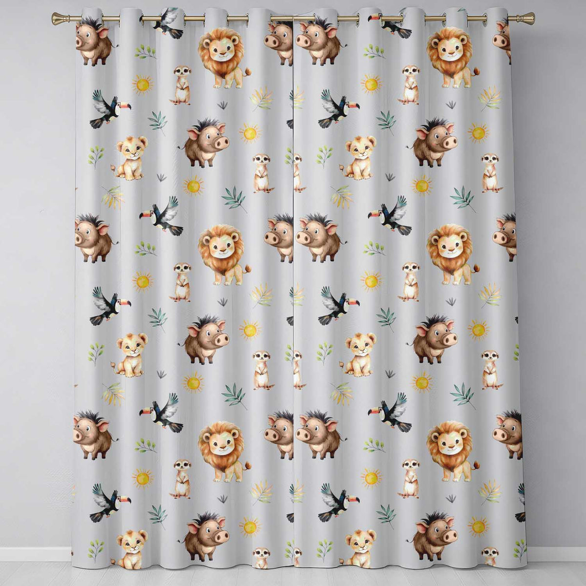 Jungle Animals Lion Meerkat Toucan Boar on Grey Seamless Pattern Readymade Eyelet Ring Top Thermal 100% Blackout Curtains