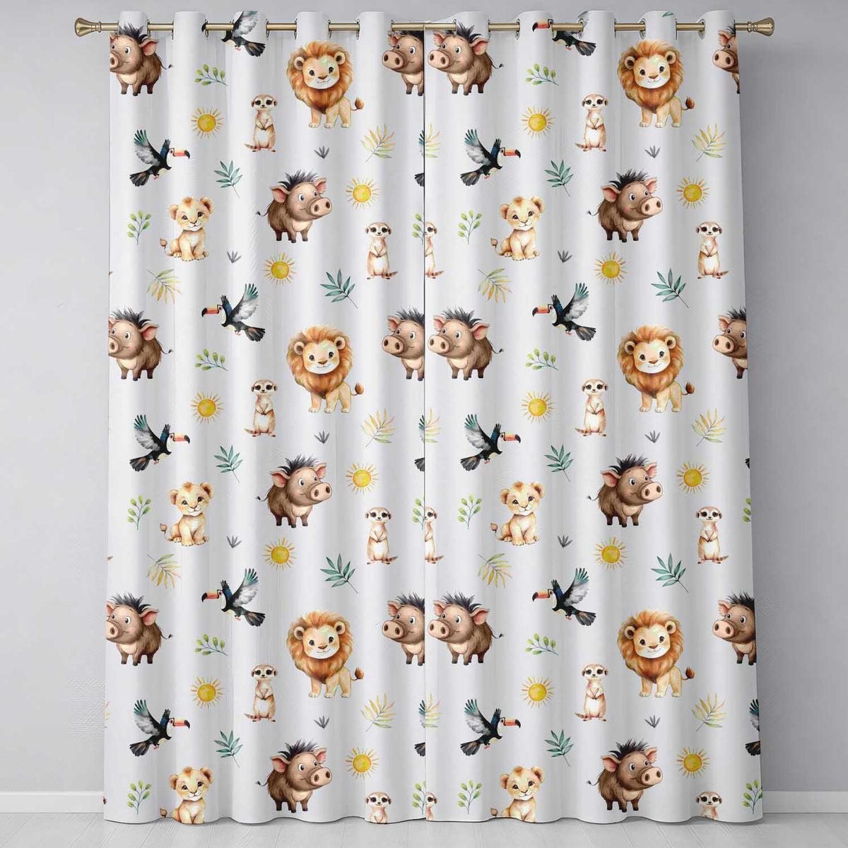 Jungle Animals Lion Meerkat Toucan on Grey Seamless Pattern Readymade Eyelet Ring Top Thermal 100% Blackout Curtains