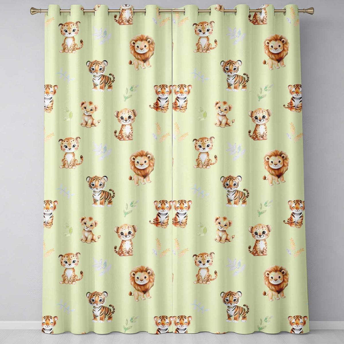 Baby Safari Animals Leopard Tiger Lion on Soft Cream Seamless Pattern Readymade Eyelet Ring Top Thermal 100% Blackout Curtains