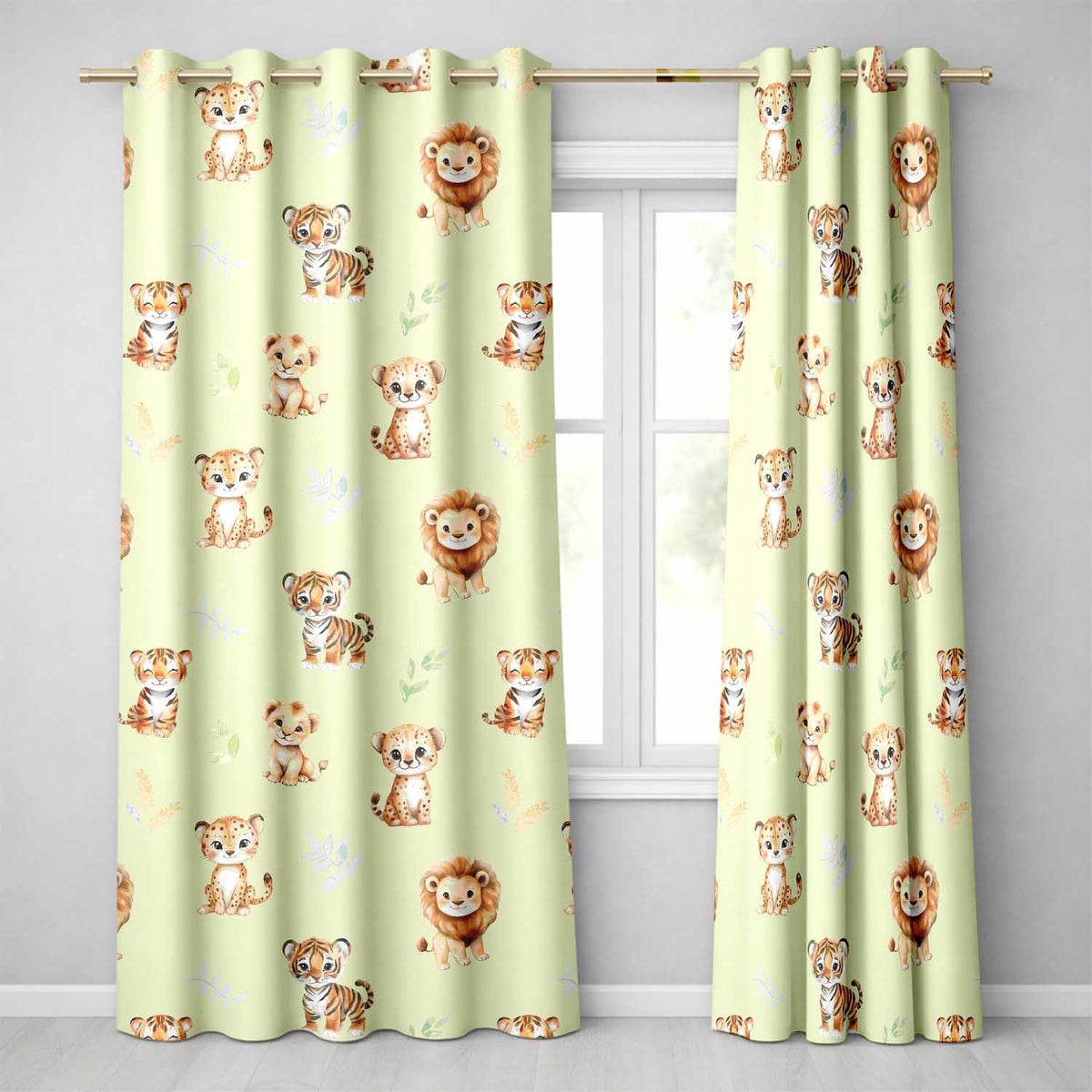 Baby Safari Animals Leopard Tiger Lion on Soft Cream Seamless Pattern Readymade Eyelet Ring Top Thermal 100% Blackout Curtains