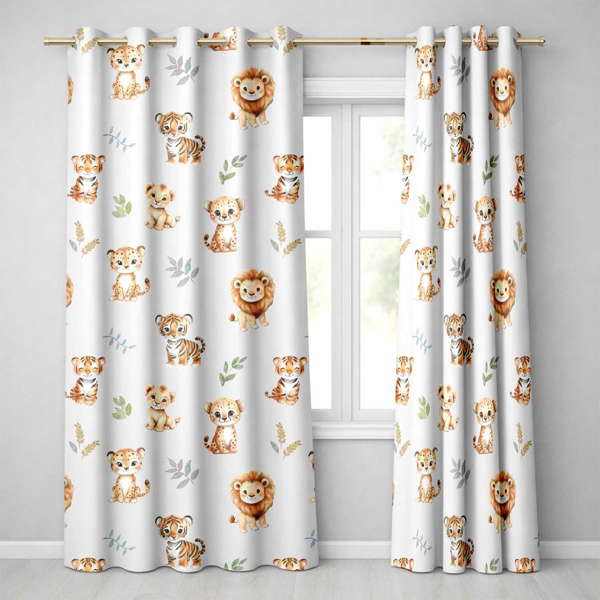 Baby Safari Animals Leopard Tiger Lion on Pastel Seamless Pattern Readymade Eyelet Ring Top Thermal 100% Blackout Curtains
