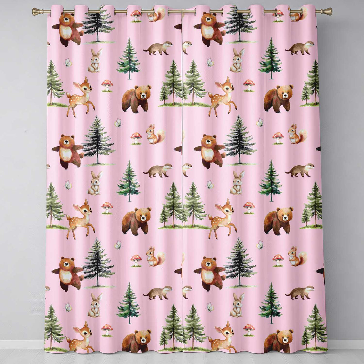 Forest Animals Bear Bunny Squirrel Trees on Blush Pink Seamless Pattern Readymade Eyelet Ring Top Thermal 100% Blackout Curtains