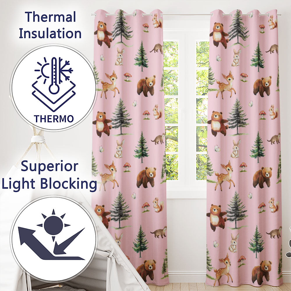 Forest Animals Bear Bunny Squirrel Trees on Blush Pink Seamless Pattern Readymade Eyelet Ring Top Thermal 100% Blackout Curtains