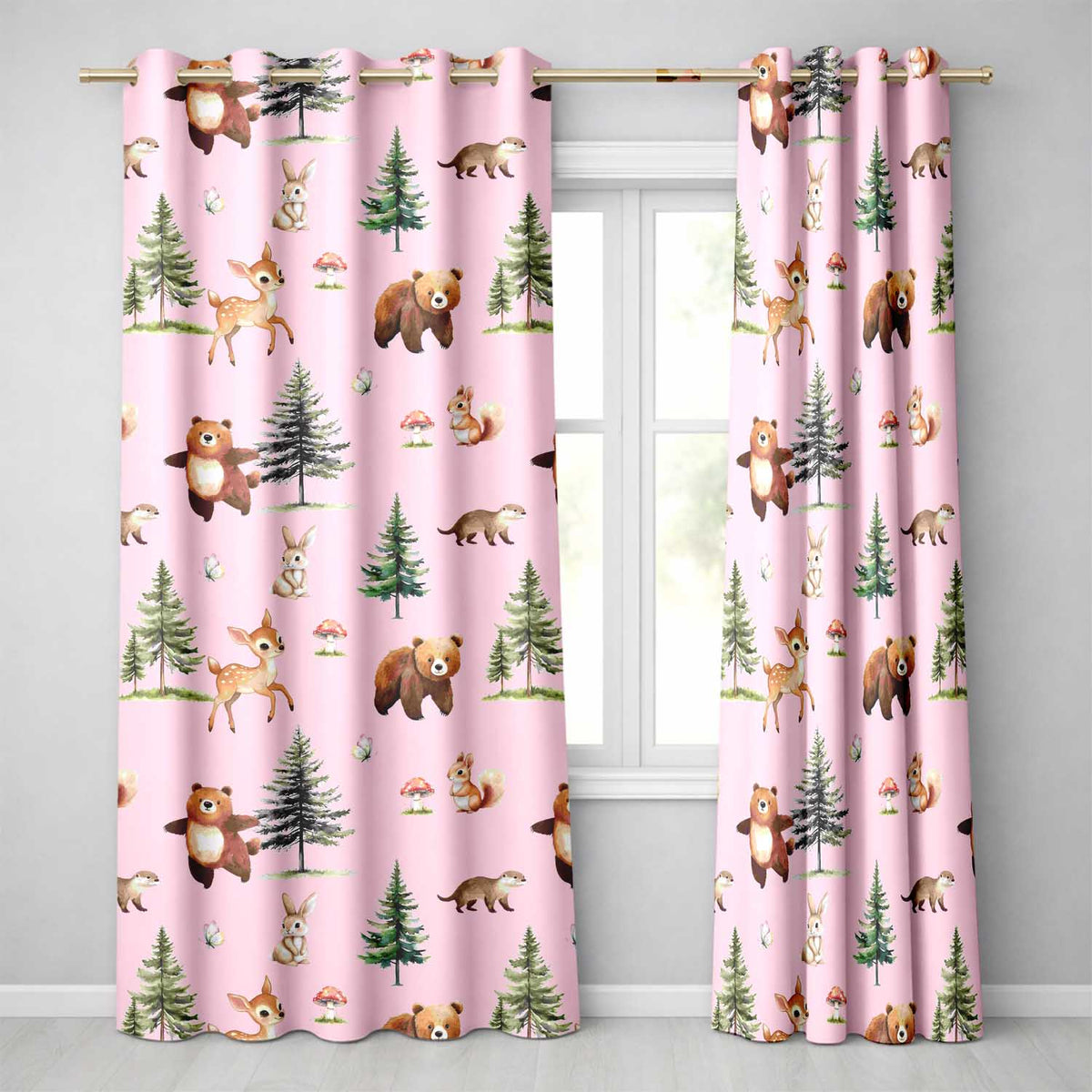 Forest Animals Bear Bunny Squirrel Trees on Blush Pink Seamless Pattern Readymade Eyelet Ring Top Thermal 100% Blackout Curtains