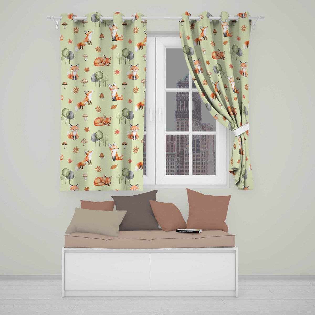 Woodland Fox with Trees Leaves Mushrooms Soft Sage Seamless Pattern Readymade Eyelet Ring Top Thermal 100% Blackout Curtains